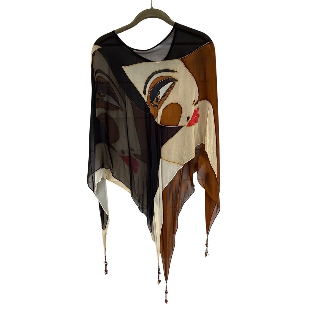 Hand-Painted Sheer Poncho With Abstract Face Design & Beaded Tassels - Picture 2 of 5